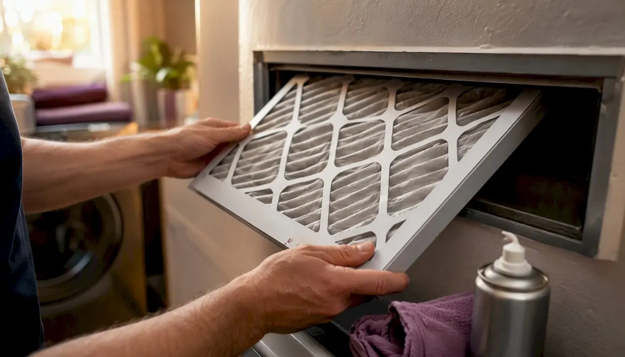 Hands replacing HVAC HEPA filter