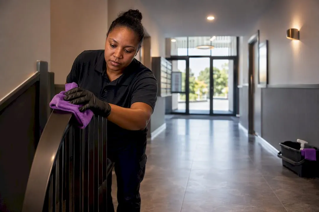Cleaner inspecting communal apartment block handrail