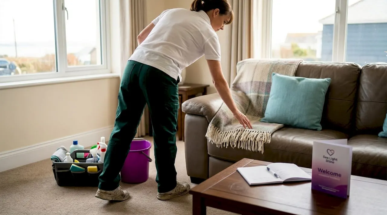 Cleaner checks holiday let after turnover clean