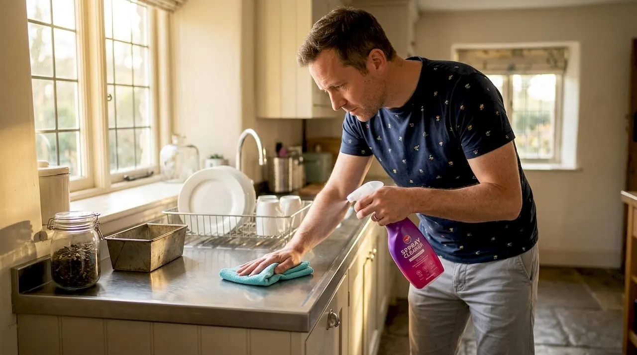 Man cleaning kitchen counter for routine hygiene