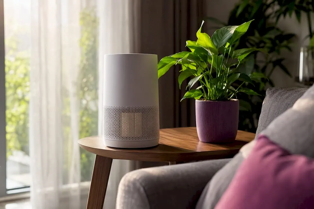 Portable air purifier running in living room corner
