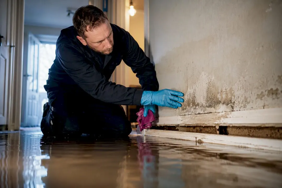Technician inspecting damp wall after flooding