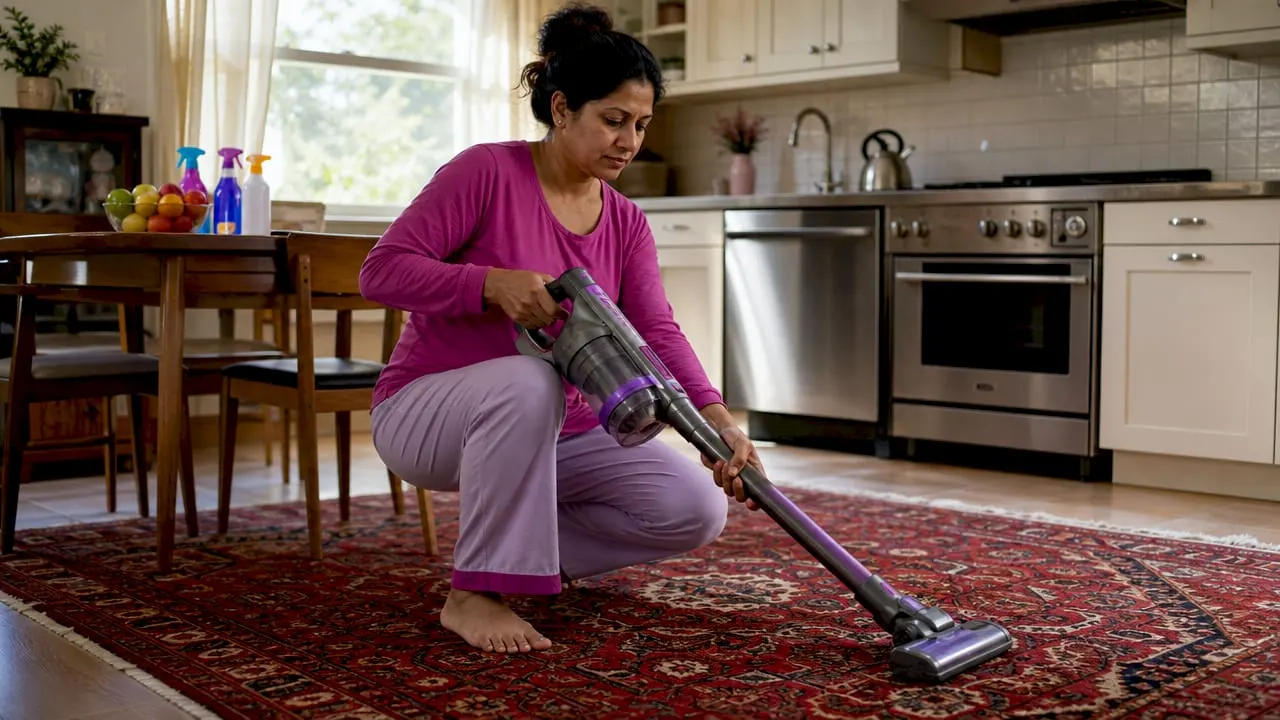 Woman vacuuming carpet at home