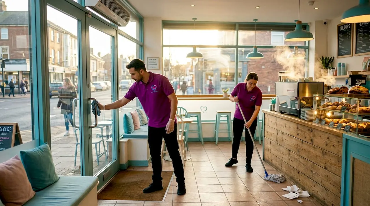 Commercial cleaning team working in office lobby
