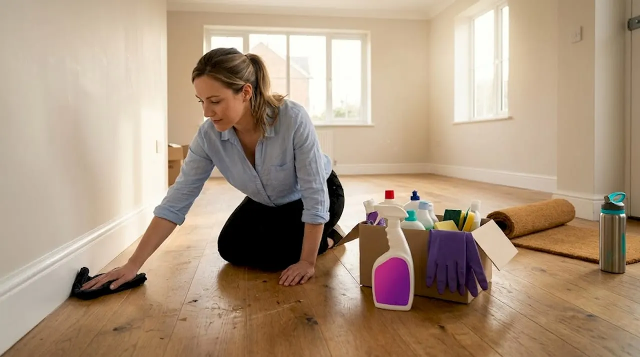 Tenant cleaning empty living room before move-in
