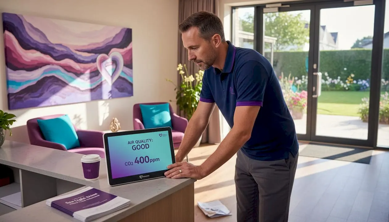 Manager checking air monitor in business lobby