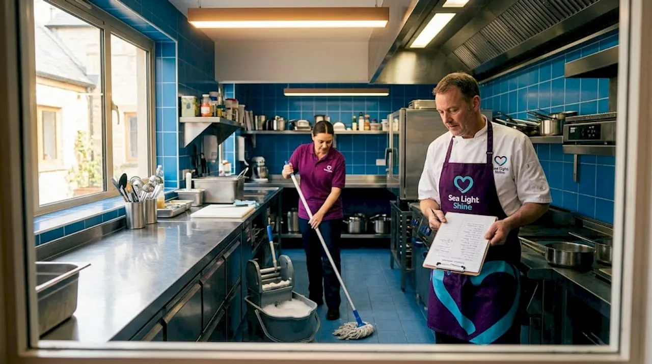 Chef and cleaner in spotless commercial kitchen