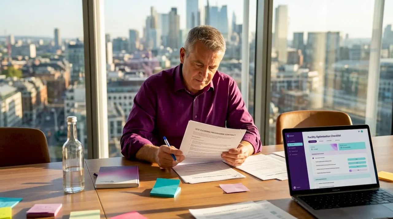 Manager reviewing commercial cleaning contract
