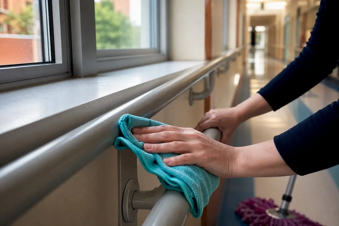 Microfibre cloth cleaning a school handrail