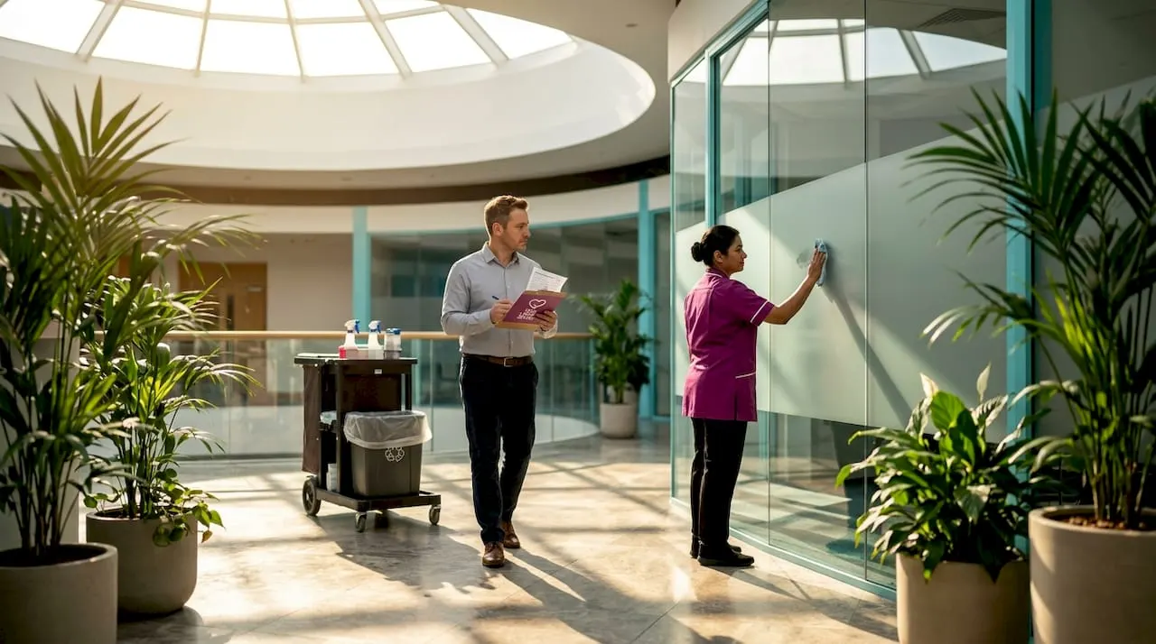 Facility manager auditing office cleaning in hallway
