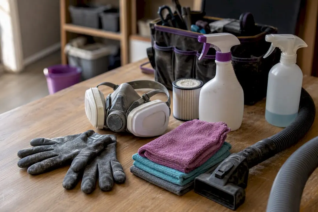 Essential cleaning tools and protective gear laid out