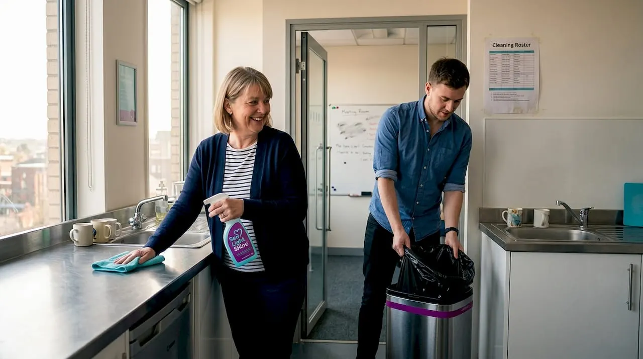 Employees clean busy office kitchen together