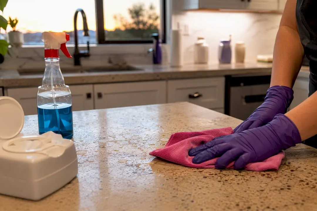 Hands wiping kitchen surface with disinfectant cloth