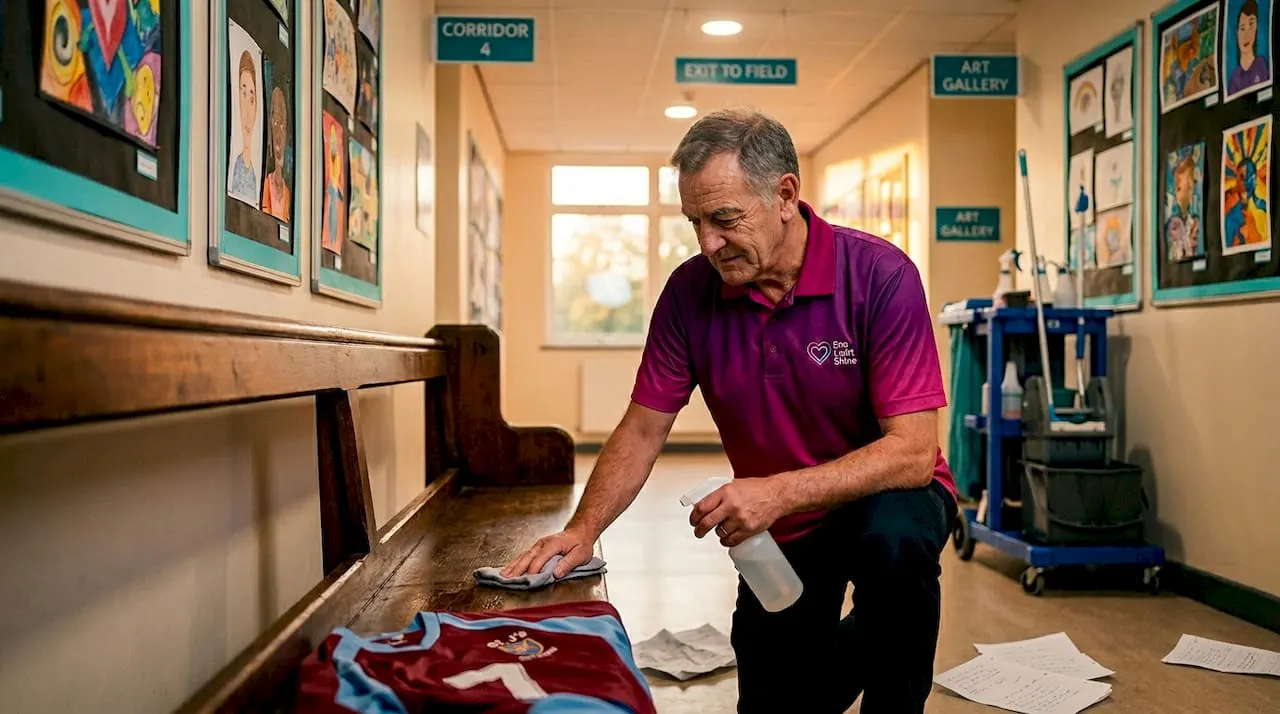 School staff cleaning hallway after event