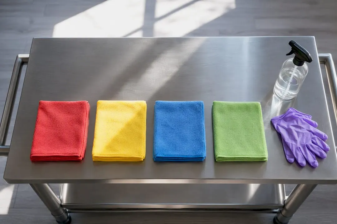 Four colour coded cleaning cloths arranged
