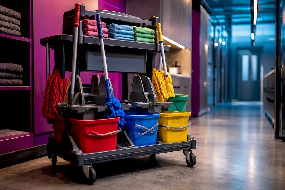 Colour-coded cleaning equipment in service cupboard