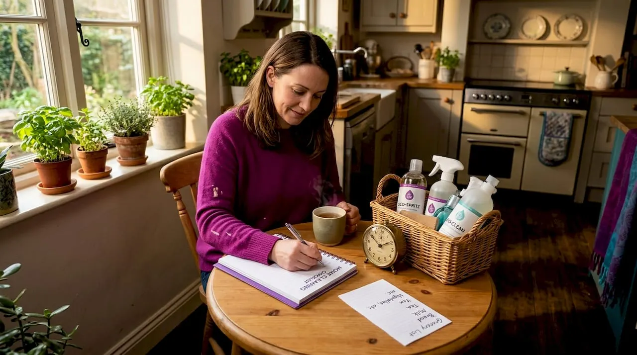 Woman writing home cleaning checklist in kitchen