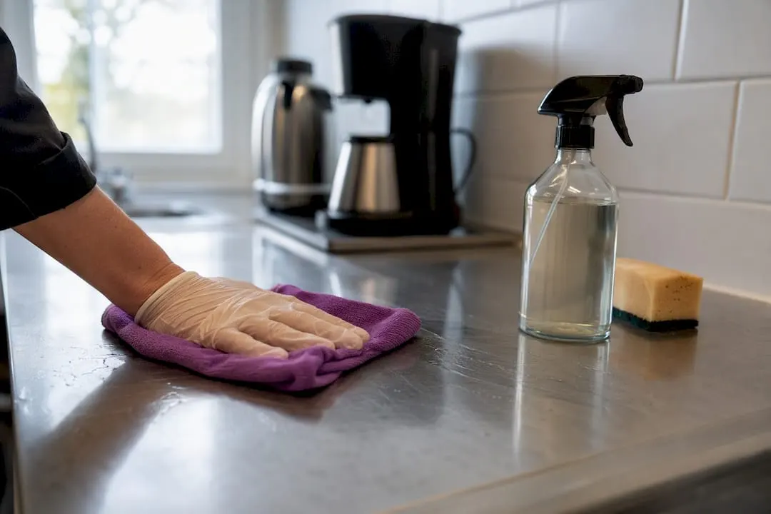 Gloved hand wiping office kitchen counter