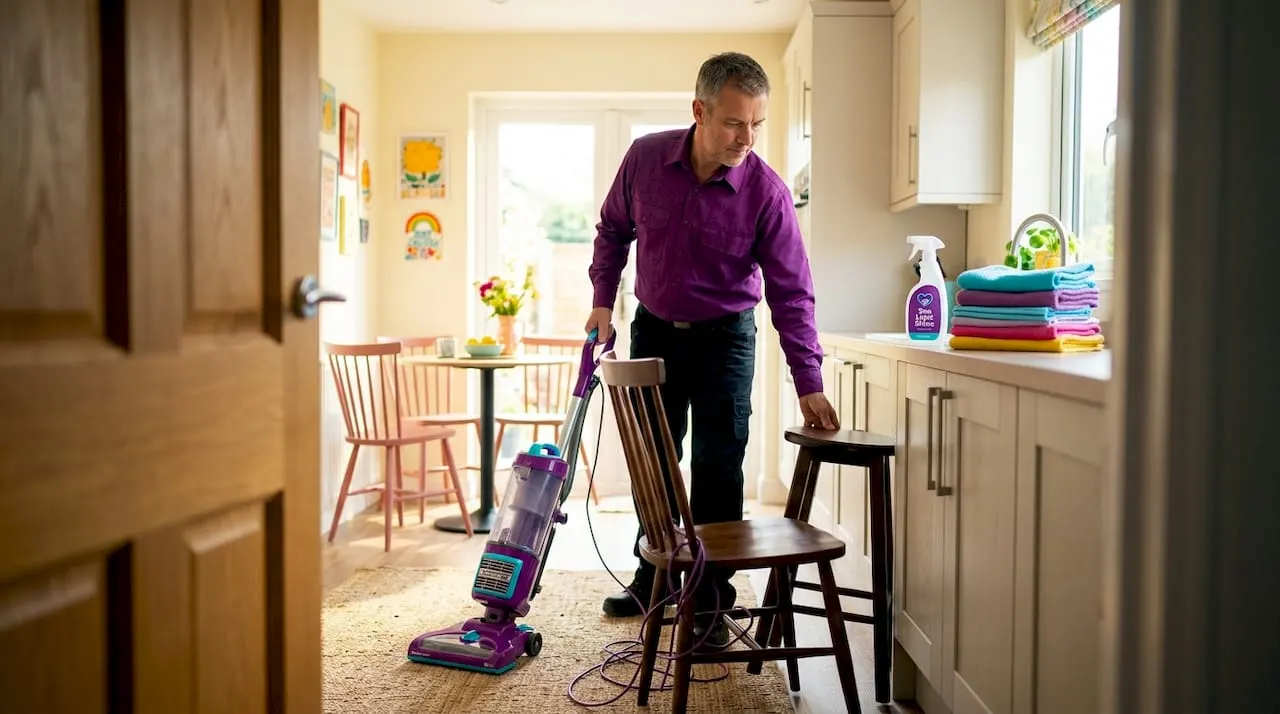Man vacuums carpet in family apartment