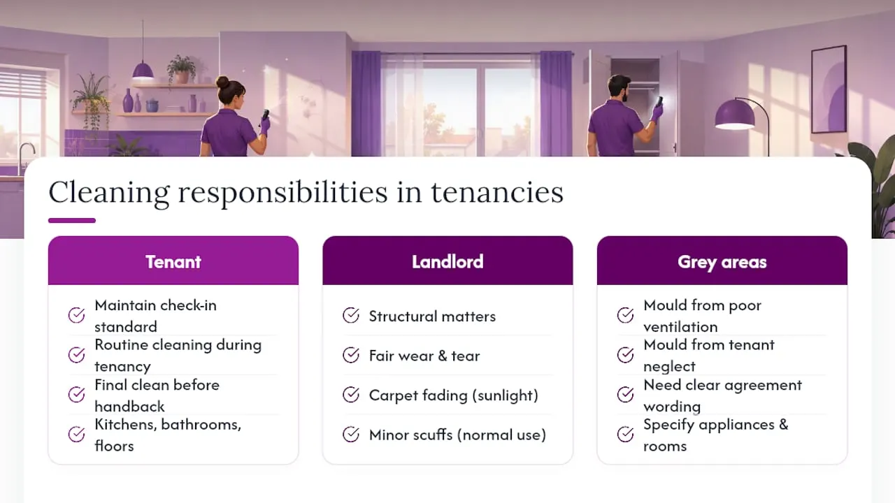 Common landlord vs tenant responsibilities for cleaning in tenancy agreements: overview diagram