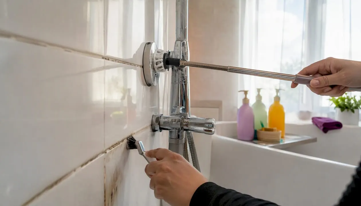 Hands scrubbing bathroom grout and tiles