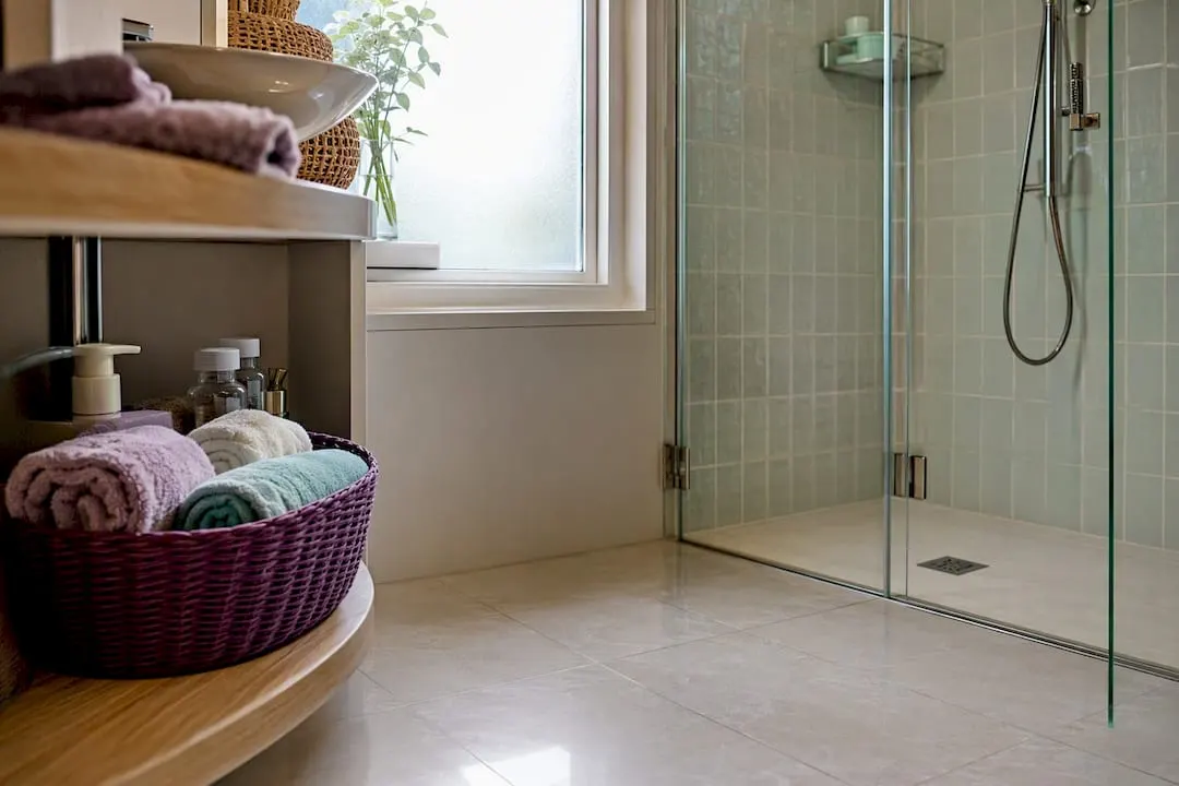 Bathroom toiletries and towels cleared from floor and shower
