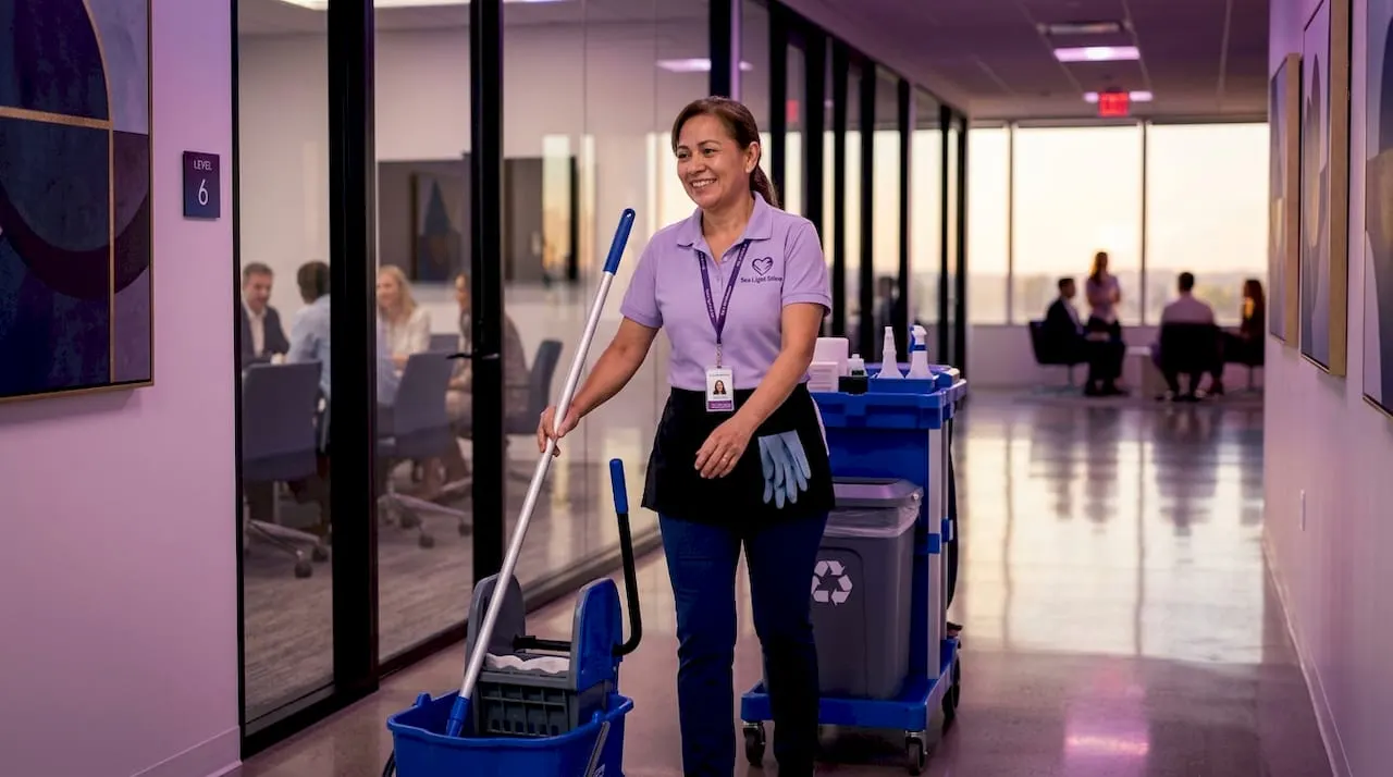 Commercial cleaner with cart in office corridor