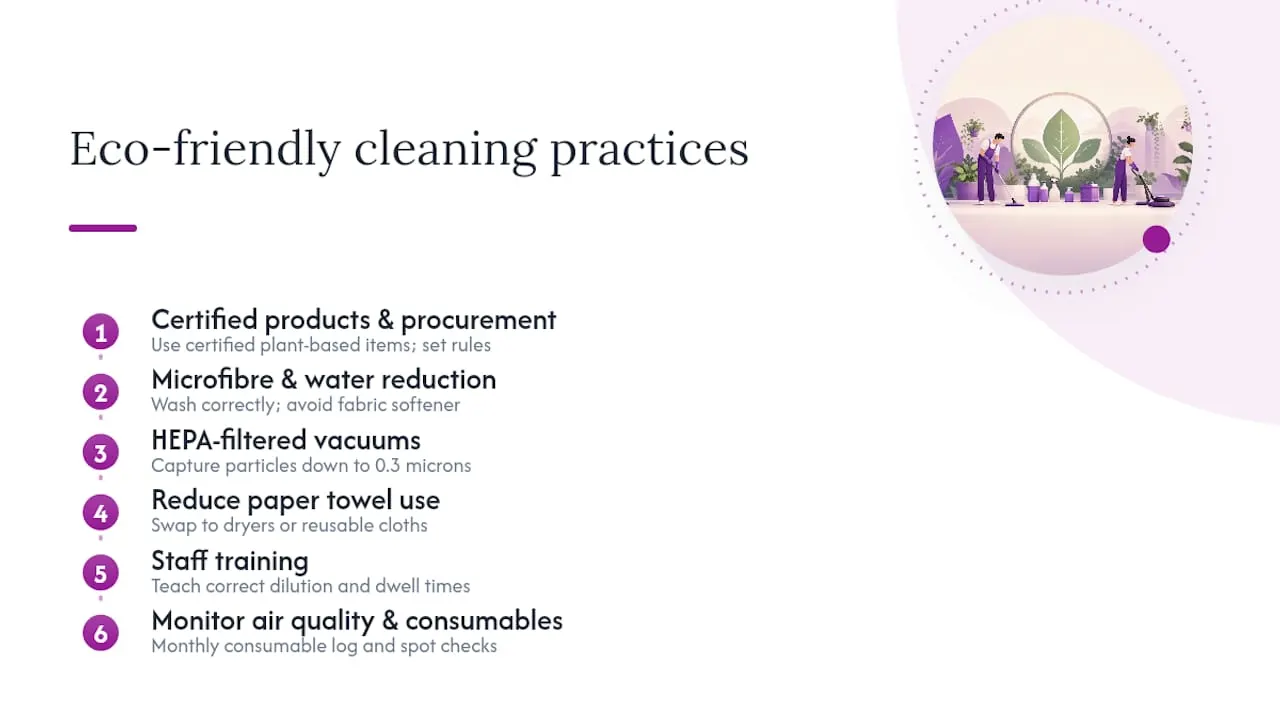 Seven green cleaning practices icon summary