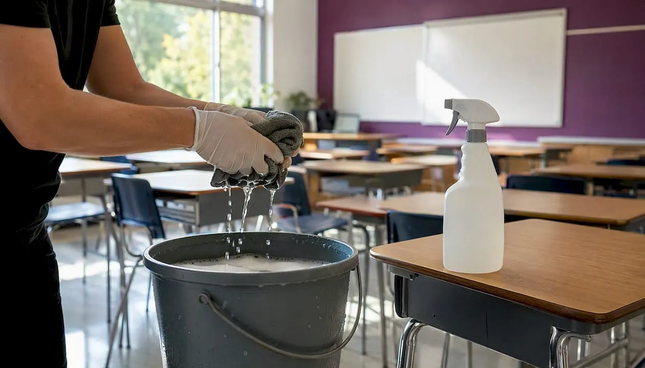 Hands wringing cloth for classroom cleaning