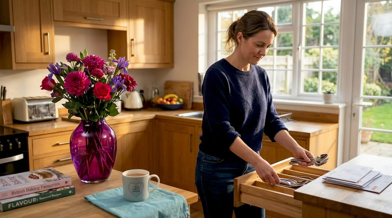 Woman tidying entryway in lived-in home