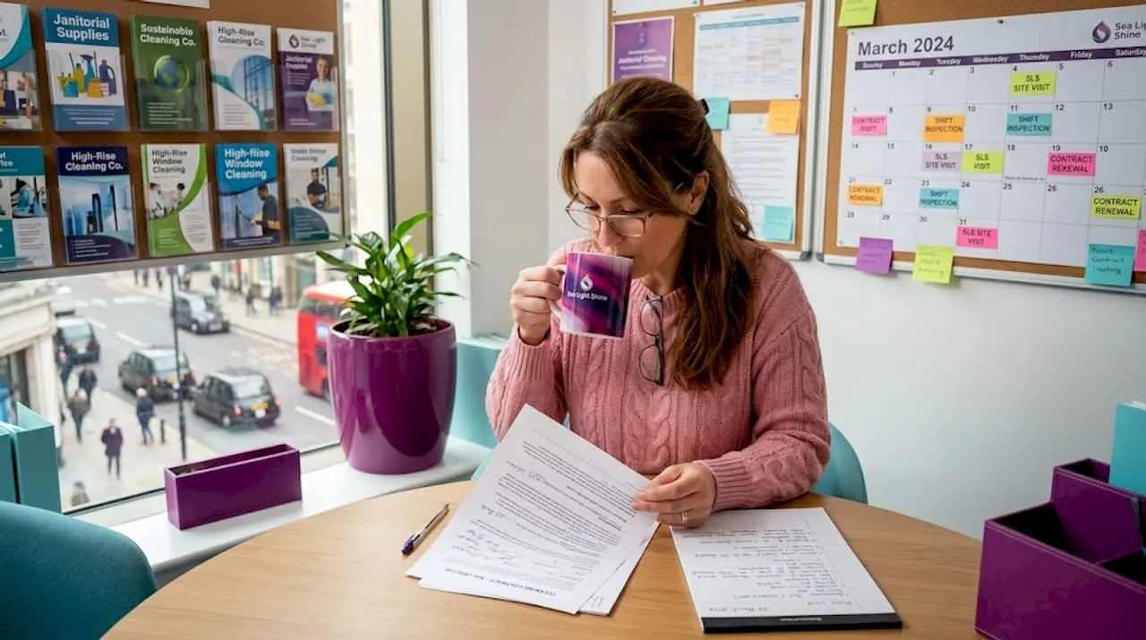 Facilities manager reviews cleaning contract at office desk
