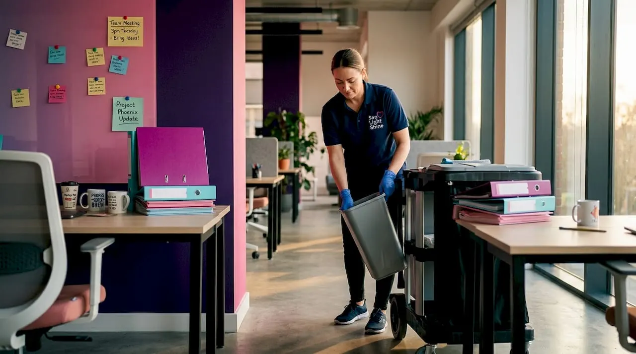 Office cleaner emptying bin in real workspace