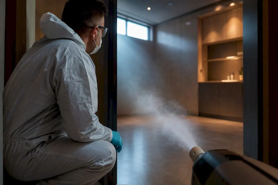 Operator inspecting fogging treatment in empty room