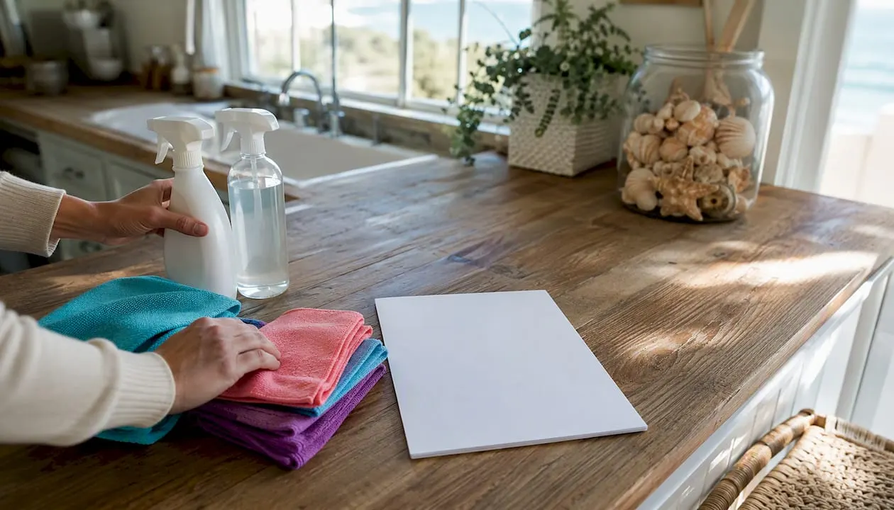 Cleaning supplies and checklist on kitchen counter