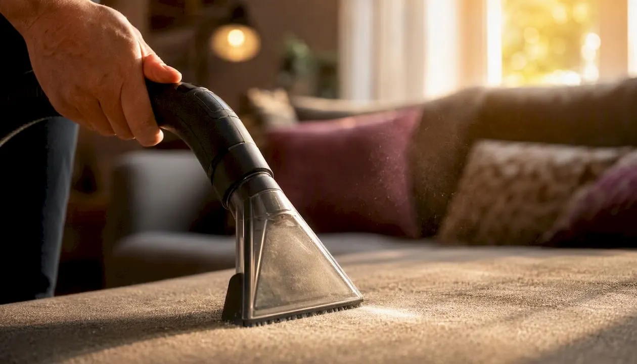 HEPA vacuum cleaning sofa upholstery close-up