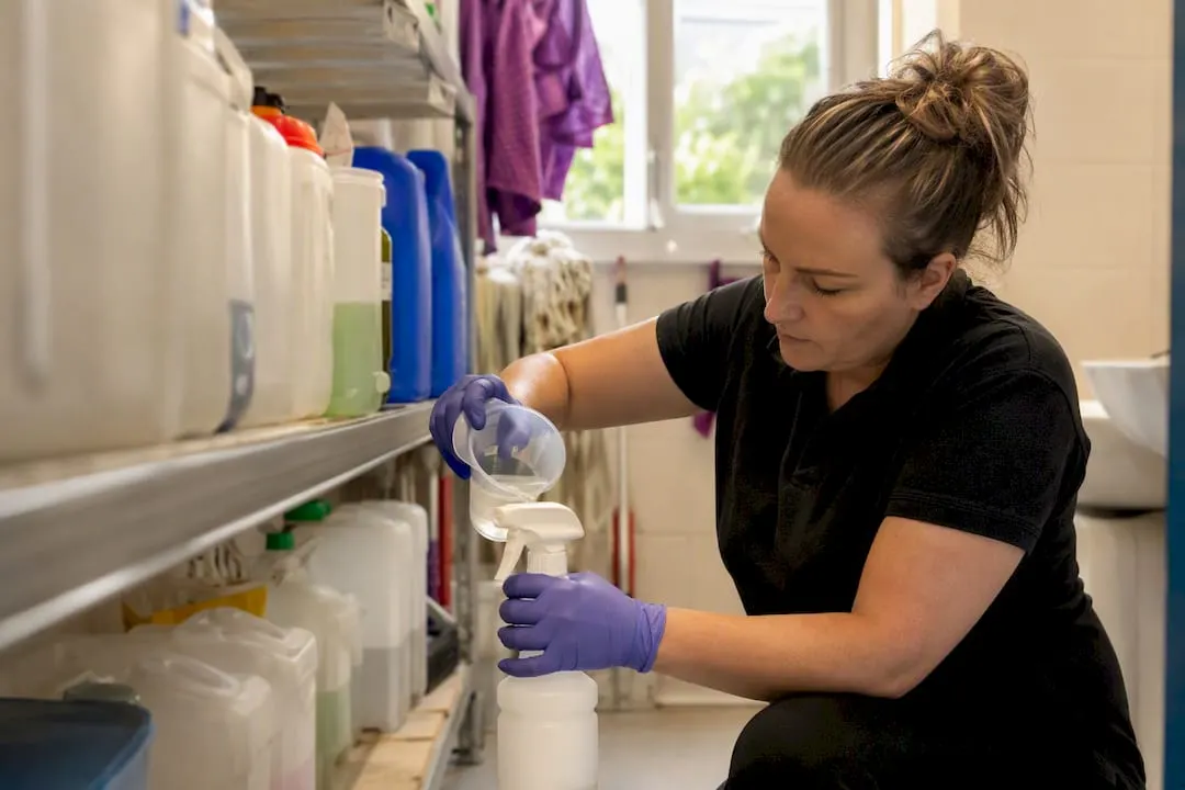 Hands diluting cleaning chemical in school utility room