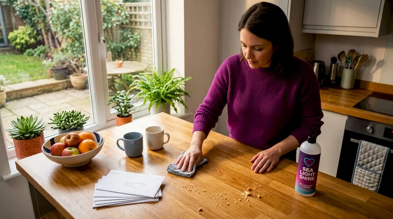Woman cleaning kitchen counter in daylight