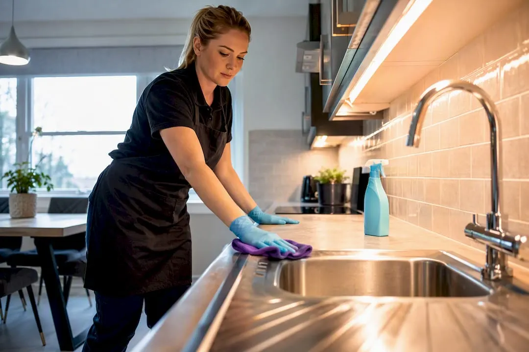 Cleaner wiping HMO communal kitchen sink