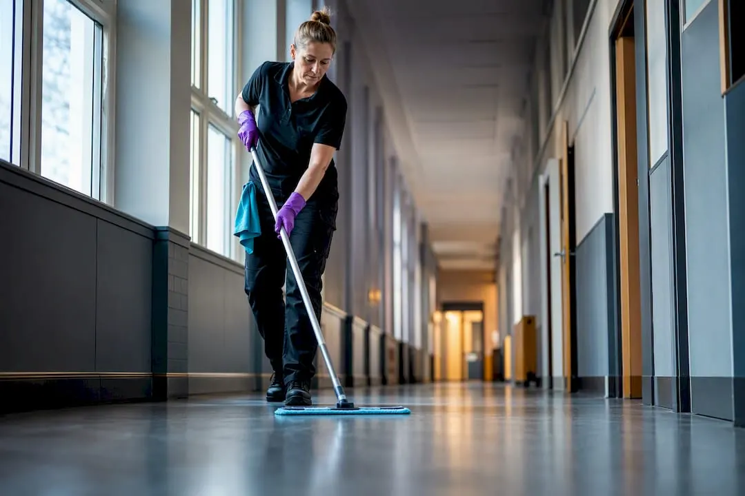 Cleaner mopping an empty school corridor