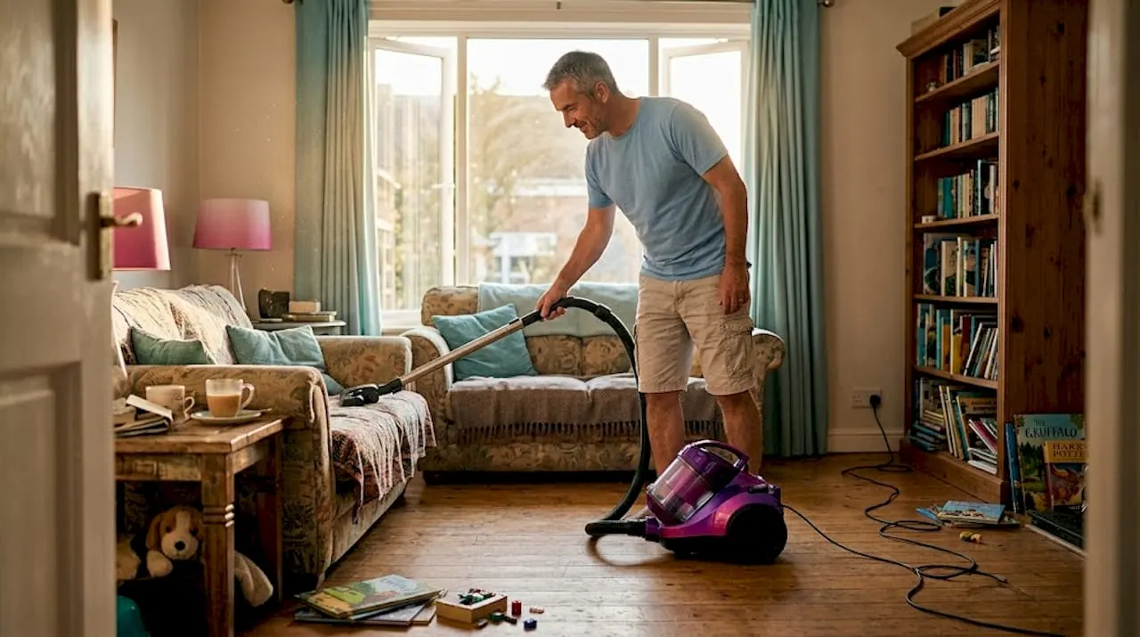 Domestic cleaner vacuuming cozy living room space