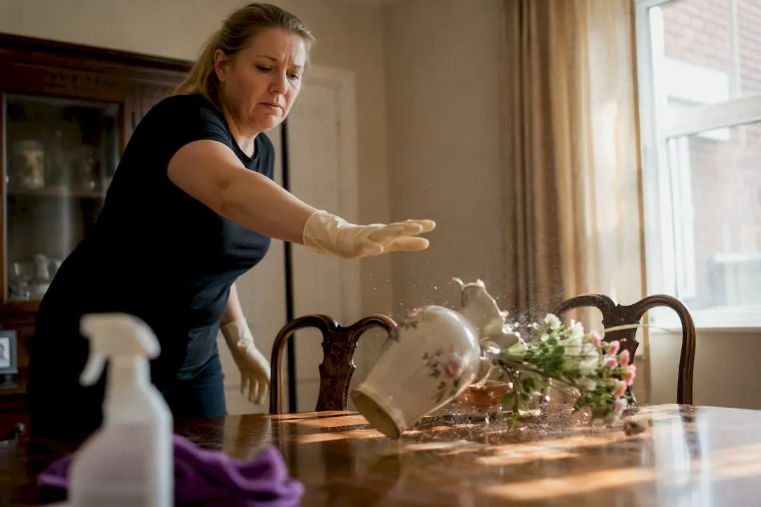 Gloved hand accidentally tipping vase on table