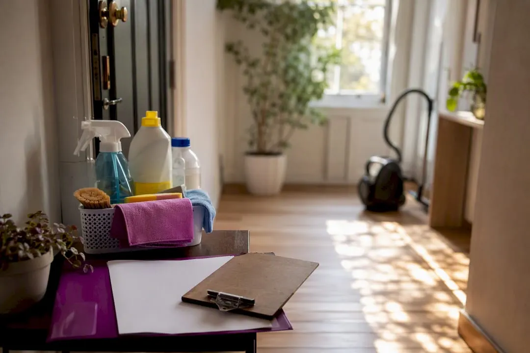 Cleaning supplies and vetting documents on table