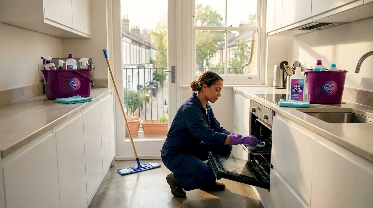 Cleaner deep cleans empty kitchen before move-out