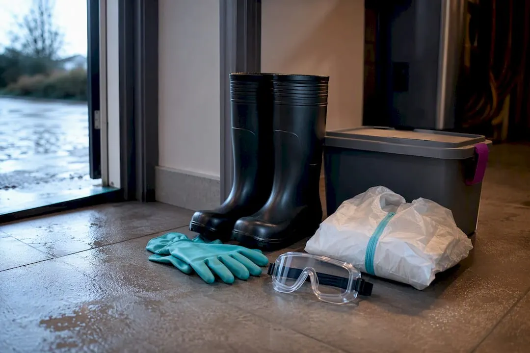 Protective PPE arranged for floodwater cleaning