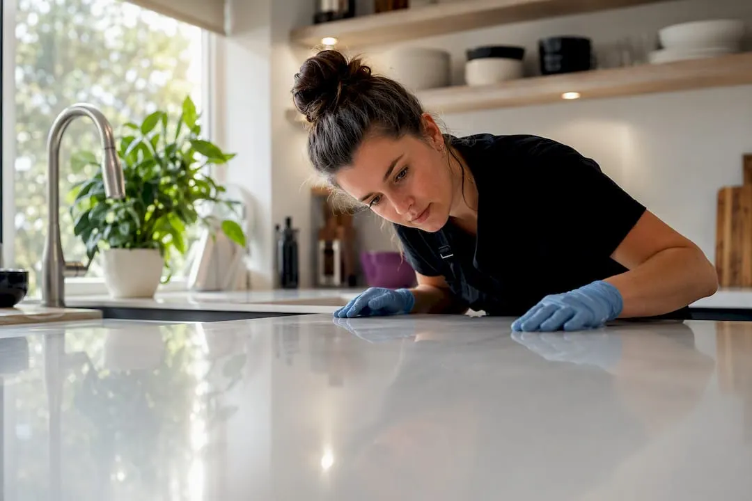 Cleaner wiping window sill in rental room