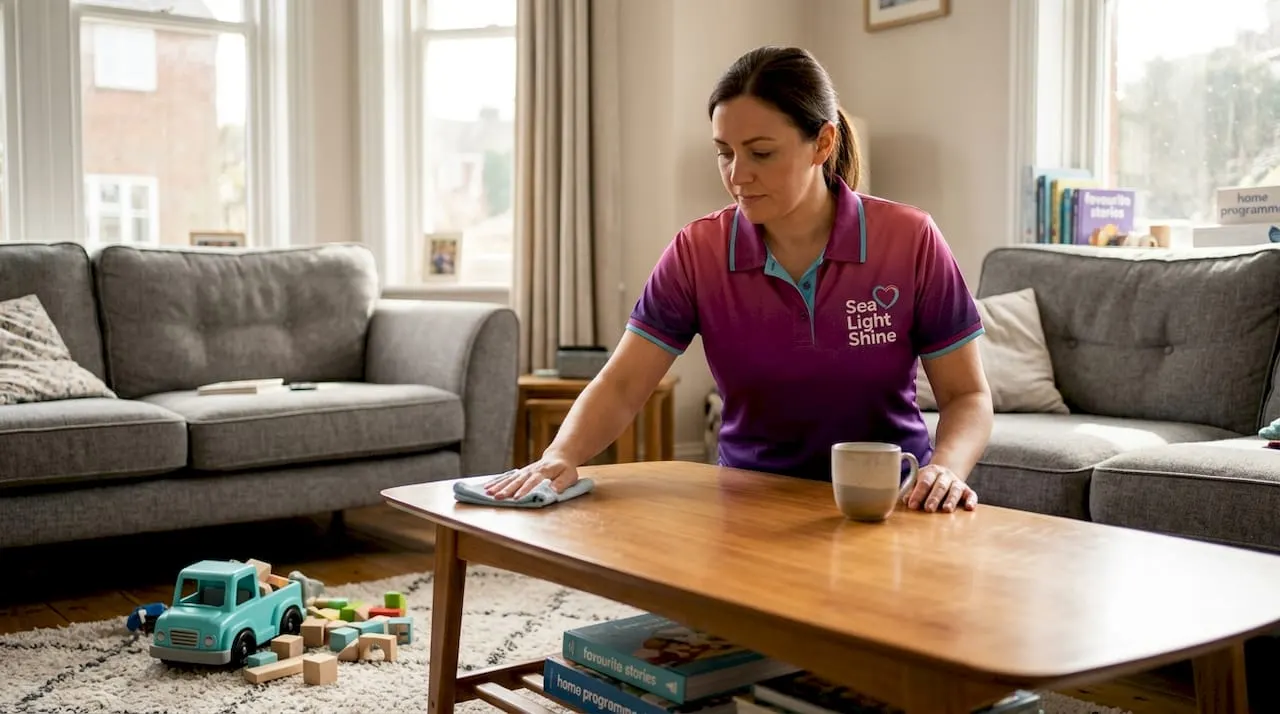 Professional cleaner tidying a lived-in family room