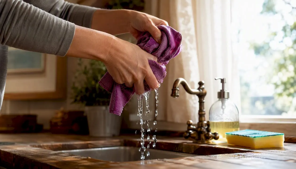 Microfibre cloth being wrung out in sink