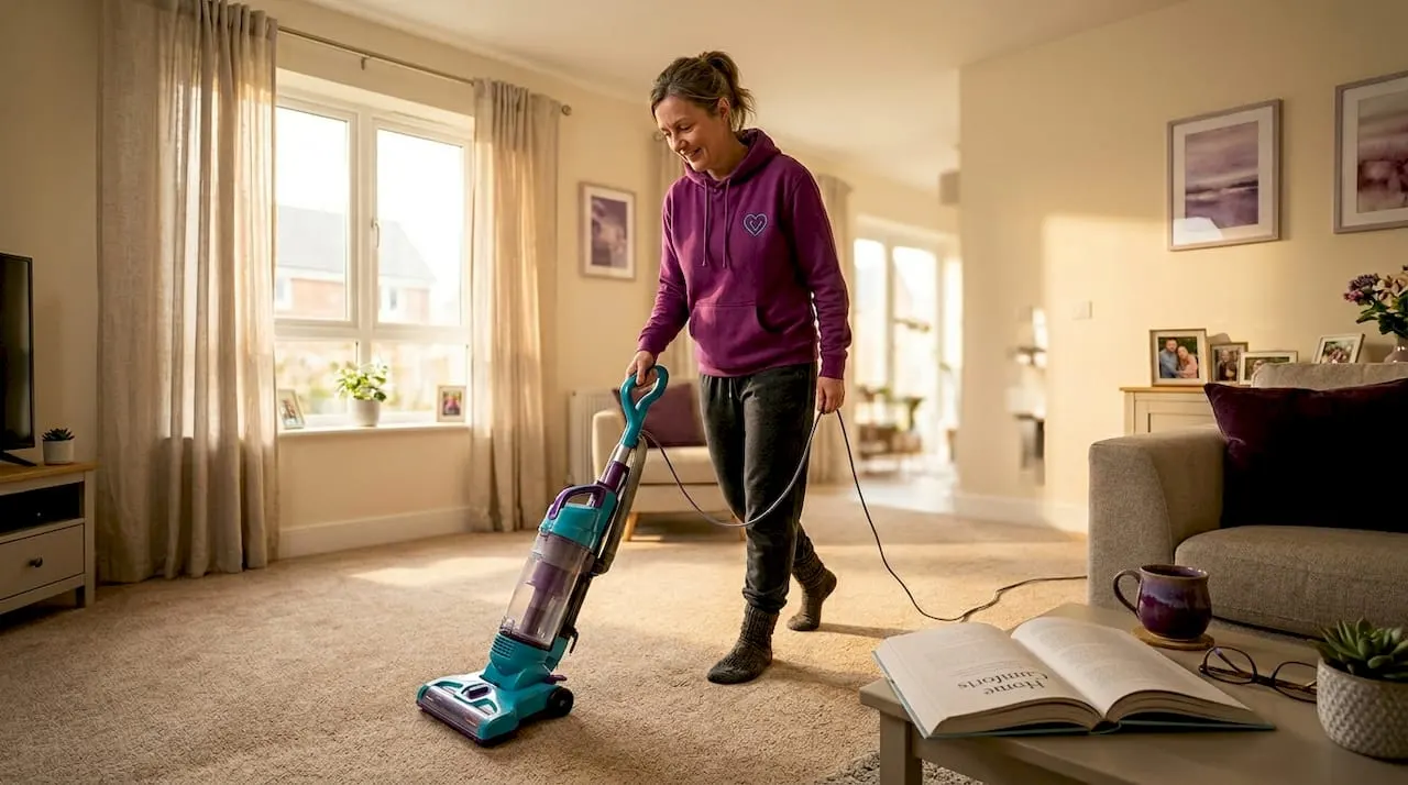Woman vacuuming carpet in living room