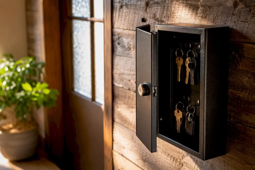 Keys secured inside lockbox in hallway