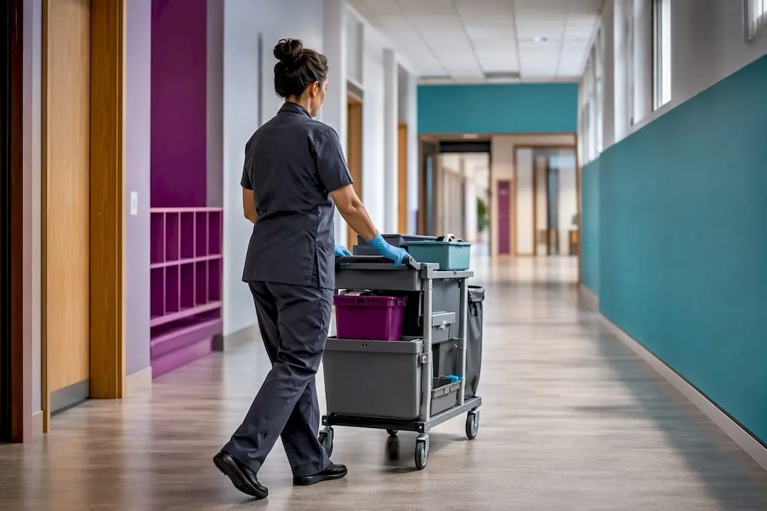 Cleaner pushing trolley safely through corridor
